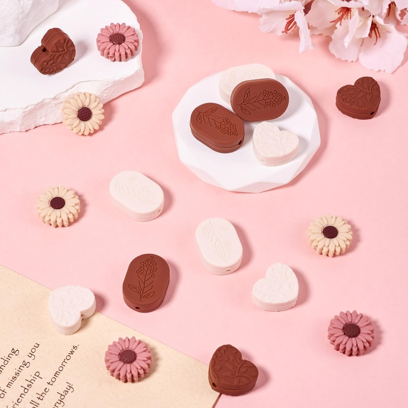 Cheriswelry 18Pcs Daisy Flower Silicone Beads Fall Brown Oval Heart