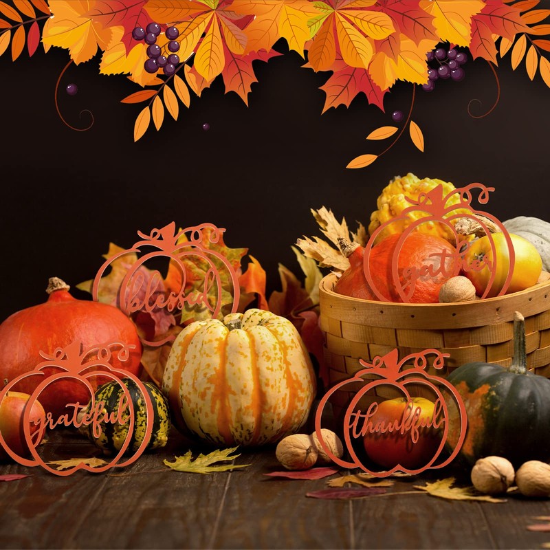 12 Pieces Thanksgiving Pumpkin Tabletop Wood Cutouts with Thankful Grateful