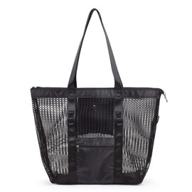 Tainehs Mesh Beach Tote Large Zipper Bag Shopping bags Grocery bag 2023 Upgrade for Women with Multiple Pockets for Family Shopping Travel Swimming Waterproof Pool Bag Black