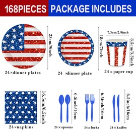 JLCFUTURE 168Pcs Glitter Independence Day Party Decorations Star and Striped Plates and Napkins 4th of July Patriotic Party Supplies Paper Plates American Memorial Day Decorations, Serve for 24 Guest