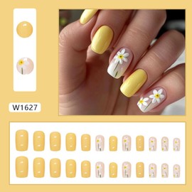 24 Pcs Yellow Press on Nails Medium Square - QUNQINLI Fake Nails Full Cover Glossy False Nails Press ons with Cute Flowers Design Acrylic Nail Art Kit Glue on Nail for Women Girls Manicure