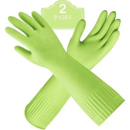 Rubber-Gloves Dishwashing Gloves for Cleaning-Kitchen - 2 Pairs Long Household Cleaning Gloves for Washing Dishes - Color: Small 2 Pairs Green