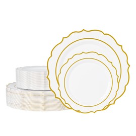 Ciselure 120PCS White Plastic Plates, Disposable Party Plates with Gold Rim, Heavy Duty 60 Dinner and 60 Dessert Plate for Party and Wedding