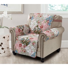 Brilliant Sunshine Peach and Olive Flowers Patchwork Quilted Chair Slipcover, 23" Seat Width, Slip Resistant Furniture Protector, 2" Strap, Washable Armchair Cover for Pets, Kids, Peach Olive