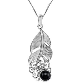 Silvershake Natural 6MM Round Shape Black Onyx Cabochon Gemstones 925 Sterling Silver Feather Victorian Style Pendant with 18 Inch Chain Necklace
