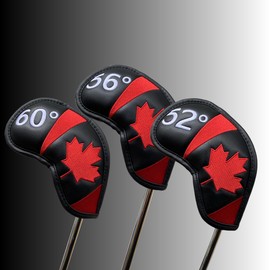 NEwoilkwo Canadian Flag Golf Wedge Covers Headcovers Set 52 56 60, Black Synthetic Leather Golf Iron Covers for Golf Clubs | 3Pack 52 56 60 Wedge Headcovers