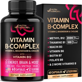 Vitamin B Complex for Men & Women - Riboflavin B2, B12, B1, B3, B5, B6, B7, B8, B9 | Vitamin C, Choline, Inositol - B-Complex Supplement - Energy, Brain & Heart Support - Made in USA, 60 Vegan Caps