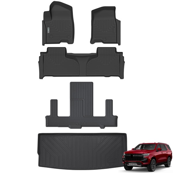 WAYIDSS Floor Mats & Trunk Mat for Chevrolet Tahoe 2021-2024 (Only Fit 7 Seats) with 2nd Row Bucket Seats/GMC Yukon（Not Fit XL,All Weather Protection Car Floor Liners & Cargo Liner for Chevy Tahoe