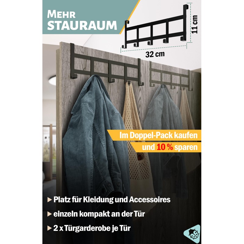 Menz Door Coat Rack, Stainless Steel - Black Door Coat