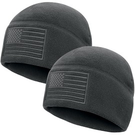 RUCD Fleece Watch Cap, American Flag Fleece Beanie, Winter Warm USA Army Military Tactical Beanie Hat 2 Pack, One Size, Grey+Grey