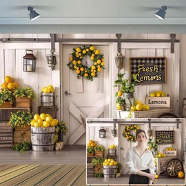 XMJJKUF 10x8ft Summer Fresh Lemon Shop Backdrops for Photography Rustic White Wood Door Wall Italy Lemonade Background Baby Shower Birthday Party Decor Photo Studio Props