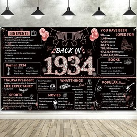 ArtAubrey Rose Gold 90th Birthday Party Banner, 90th Birthday Decorations for Women, Back in 1934 Backdrop Party Supplies, 90 Year Old Photography Background