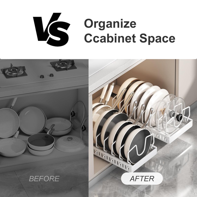 Pots and Pans Organizer Under Cabinet 2 Pack, Pull-Out Cabinet