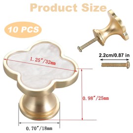 10 Pack Brass Four-Leaf Clover Knobs Handle, Gold Drawer Dresser Knobs and Pulls, Door Decorative Knobs Zinc Alloy Single Hole Handle for Furniture Kitchen Wardrobe Bathroom (White)