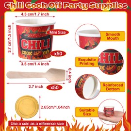 Teenyyou 100 Pcs Chili Cook off Party Decorations, 50 Pcs 2 oz mini Chili Cook off Tasting Cups Disposable Sample Paper Cups and 50 Wooden Spoons for Competition Prizes Party Cooking Supplies (Red)