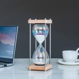 Large 60-Minute Hourglass Sand Timer,Pastel Macaron Glass & Natural Oak Wood Base, Modern Minimalist Office Home Desktop Decor (Macaron White)