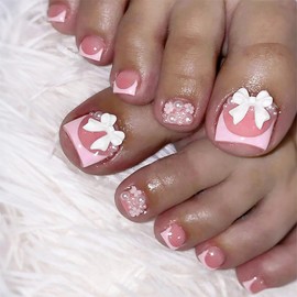 Pink French Tip Press on Toenails Short Square Fake Nails with Bow Rhinestone Flower Charm Glue on Nails Design Full Cover False Toes Nails Artificial Acrylic Glossy Stick on Nails for Women 24 Pcs