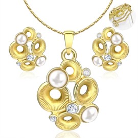 PeliZen Gold Jewelry Set for Women, Dainty Gold Plated Pearl Necklace and Earring Set with Cubic Zirconia Drop Earrings, Choker Necklace | Jewelry Gift for Women