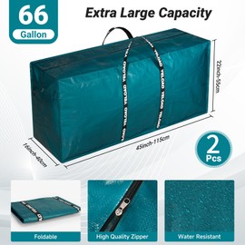 66 Gallon Extra Large Storage Bags 2 Pack – Teal XXL Heavy Duty Waterproof Moving Tote Bags for College Dorm, Travel, Clothes & Bedding Foldable Zippered Duffle with Handles