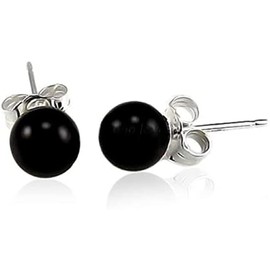 BQfife Sterling Silver Round Black Onyx Stud Earrings in 100% Hypoallergenic Jewelry-6mm