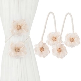 2 PCs Adjustable Boho Curtain Tieback Beige Flower Rustic Rope