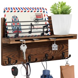 HOMIEE Key Holder with Shelf, Key Holder with Note, Wall Decoration, Wooden Key Cabinet with Shelf, Includes Letter Holder and 4 Hooks for Living Room, Kitchen, Office, Hallway, Bedroom