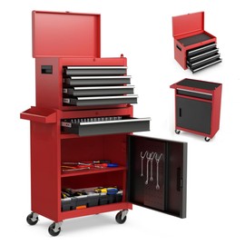 VLUOO Tool Chest, 5-Drawer Rolling Tool Storage Cabinet with Detachable Top Tool Box, Liner, Universal Lockable Wheels, Adjustable Shelf, Locking Mechanism, Metal Tool Cart for Garage Workshop, Red
