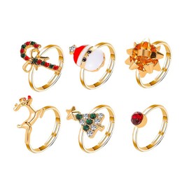 TOFBS Christmas Ring Set for Women 6 Pairs Christmas Ring Christmas Reindeer Santa Snowflake Open Rings Jewellery for Women Girls