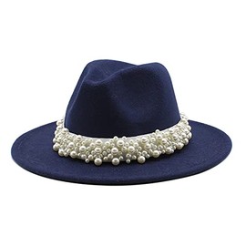 Qkrlamx Black Fedora Hats for Women Wool Panama Hat with Pearl Band Wide Brim Felt Hat Classic Trilby Hat Navy