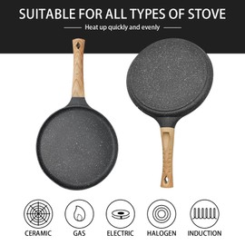 Non Stick Skillet Pan, 11 Inch Nonstick Crepe Pan Dosa Pan, Die-cast Auluminium Pancake Griddle Pan, PFOA Free Cooking Pan for Tortillas, Pancakes, Omelette, Egg Pan (With Food Clip)