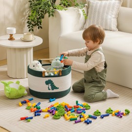 Large Blanket Basket 35L Cotton Rope Basket with Wooden Handles Woven Baskets for Kids Stuffed Animal Toys Storage for Nursery, Laundry Hamper Clothes Baby Hamper Boys Gift Basket Empty, (Dinosaur ）