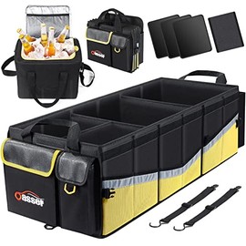Oasser Trunk Organizer with Cooler Bag, Large Collapsible Car Trunk Organizer for SUV with Multi Compartments, Car Storage Organizer Grocery with Lid for Sedan (Extra Large, Black&Yellow)