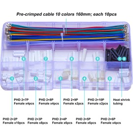 Tcenofoxy Mini Micro JST Cable Connector Assortment Kit, Compatible with JST-PHD 2.0 Mini Connector Dual Row 2P 3P 4P 5P 6P 7P 8P 9P 10P Housing with Premium 22AWG Pre-Crimped Cables (TC-PHD)