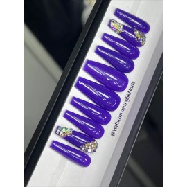 Handmade CUSTOM Gel Press On False Nails, PURPLE W/ Bling ,Long Coffin 10p w kit NEW