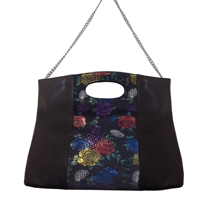 JNB Flower Print Fold Over Clutch, Black, Medium