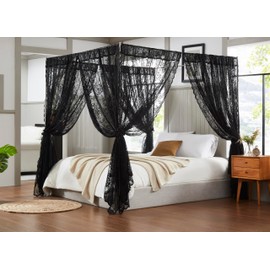 Warm Home Designs - Juego de Cortinas de Encaje para Cama con Toldo de 8 Cortinas Negras de 122 cm x 198 cm con Amarre Cortinas de Cama Queen Canopy p