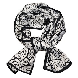 GIMIRO Satin Silk Scarf Double Layers 150 x 16 cm Tie Flowers Waist Belt for Blazer, Coat, Dress, 26# Black/White Camellia