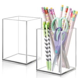 DARUITE Pack of 2 Acrylic Pen Holders, Robust Transparent Square Pen Holder, Desk, Brush Holder for School, Home, Office or Kitchen