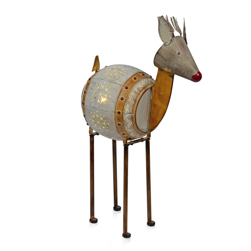 Alpine Corporation 33" H Indoor/Outdoor Metal Barrel Reindeer Christmas Holiday