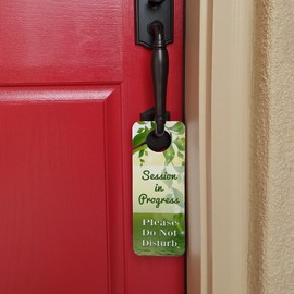Session in Progress Please Do Not Disturb Plastic Door Knob Hanger Warning Room Sign - Green Leaves and Water