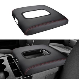 INTGET Center Console Armrest Cover for Chevy Silverado & GMC Sierra Accessories 2014 2015 2016 2017 2018,Leather Arm Rest Box Lid Protector(Red Stitches, Jump Seat 2014-2018 Silverado/Sierra etc.)