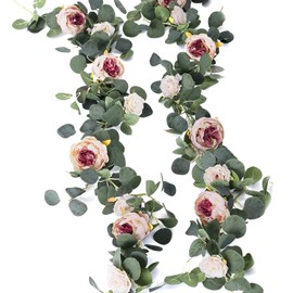 MISSPIN 2 piezas Guirnalda de flores artificiales Primavera Guirnalda de eucalipto Vintage Flor falsa Peonía Vid de rosa Vegetación Decorativa Colgante de pared Planta para Arco de Boda Arreglo de