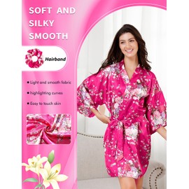EPLAZA Women Floral Satin Robe Bridal Dressing Gown Wedding Bride Bridesmaid Kimono Sleepwear (Rose, Small-Medium)