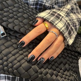 Black Chrome Press on Nails Short Oval,SXVME Mirror Metal Press on Nails Short Almond,Chrome Glazed Glue On Nails Press ons,Glitter Fake Nails Stick on Nails for Women Daily Party Wear in 24 PCS