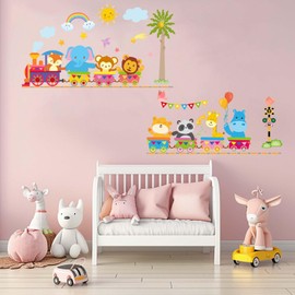 AnFigure Animal Train Wall Stickers Giraffe Elephant Lion Monkey Wall Decals Baby Nursery Kids Room Daycare Girls Bedroom Wall Decor
