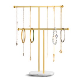 pickpiff Necklace Holder Stand: 2 Tier Jewelry Organizer with Marble Base, Gold Jewelry Tree Display for Bracelets, Rings, Earrings