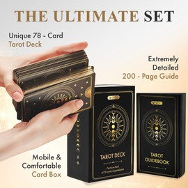 Wyspell Classic Tarot Cards with Guide Book - 78 Gold Cards for Beginners - Black Tarot Decks with Guidebook - Original Cards Deck with Guidebook