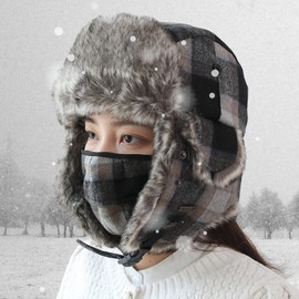 Unisex Winter Trapper Hat with Ear Flaps and Windproof Mask for Hunting Skiing Winter Outdoor Activities (Grey Plaid, L)