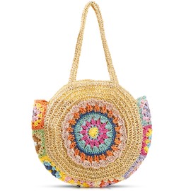 QTKJ Tote Bag, Bohemian Straw Bag, Large Capacity Beach Bag, Colorful Floral Woven Bag, Shoulder Bag for Women Travel Vacation Work Daily Matching(Beige)