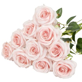 Yigeitopli 10Pcs Pink Artificial Silk Roses with Stems for Decor